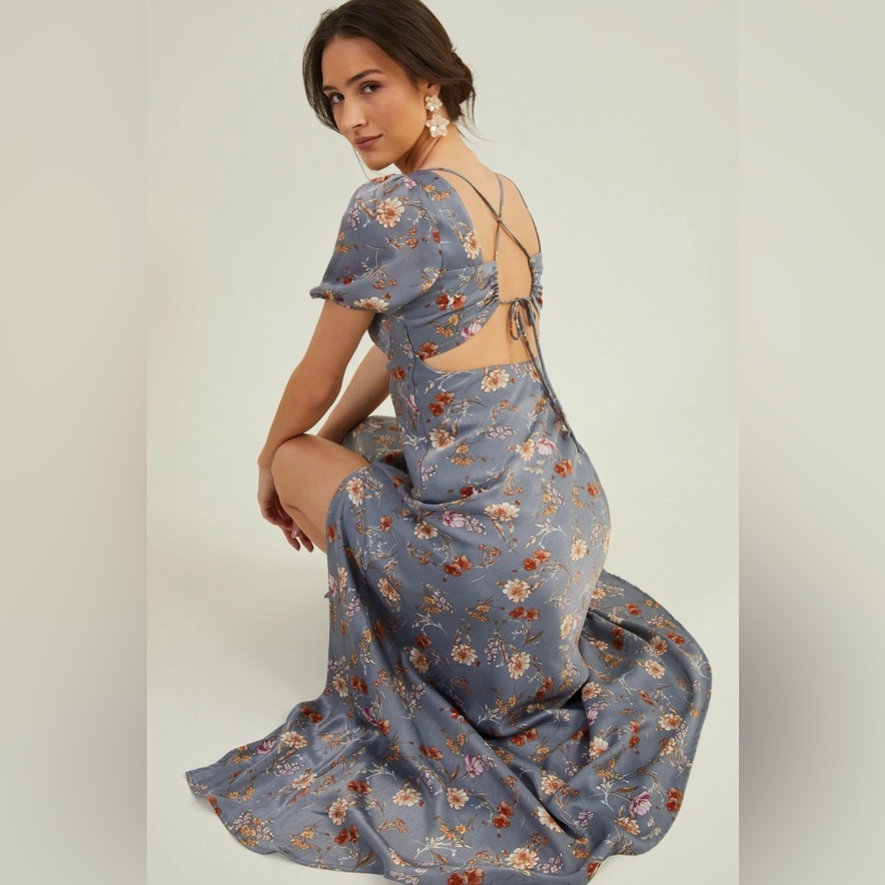 Altar'd State Dusty Blue Floral Backless Maxi Dress